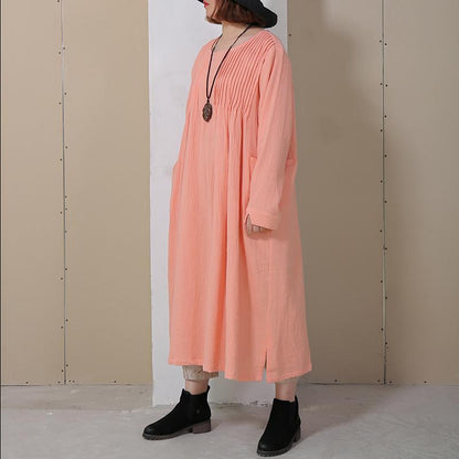 Women Folded Round Neck Long Sleeve Side Slit Dress
