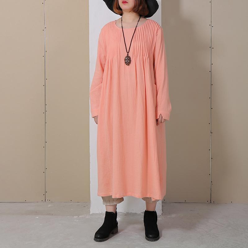 Women Folded Round Neck Long Sleeve Side Slit Dress