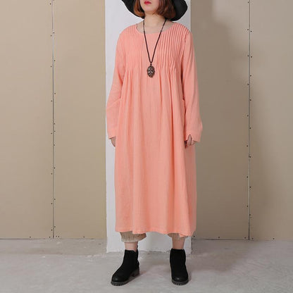 Women Folded Round Neck Long Sleeve Side Slit Dress