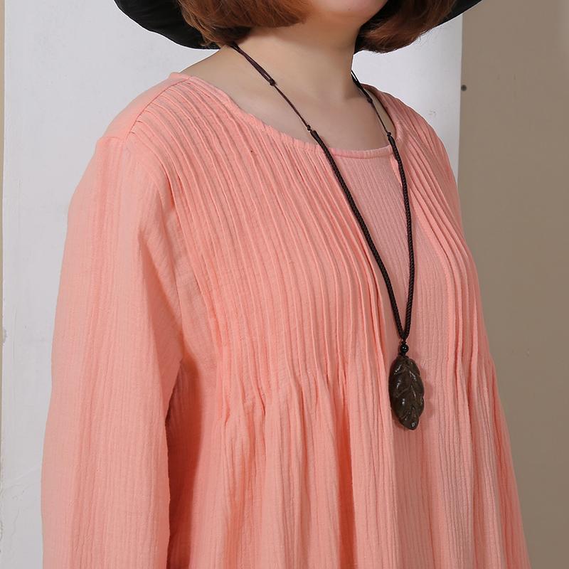 Women Folded Round Neck Long Sleeve Side Slit Dress