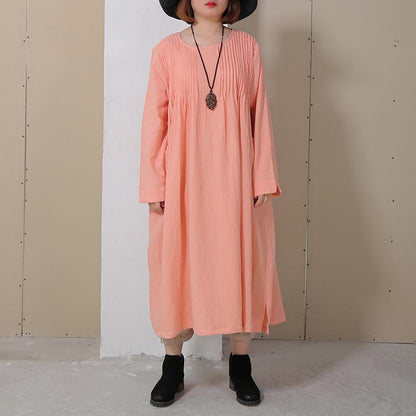 Women Folded Round Neck Long Sleeve Side Slit Dress