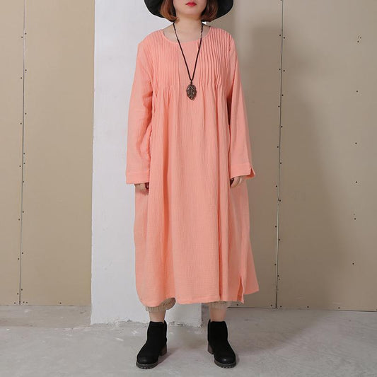 Women Folded Round Neck Long Sleeve Side Slit Dress