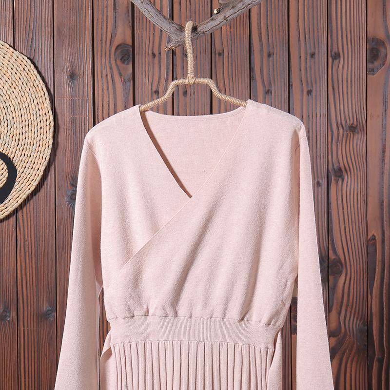 Women Lacing V Neck Long Sleeve Knitted Midi Dress