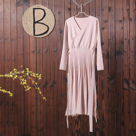 Women Lacing V Neck Long Sleeve Knitted Midi Dress