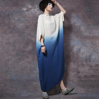 Women Ladies Retro Gradient Dolman Sleeve Linen Dress