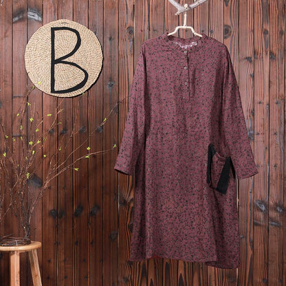 Women Linen Cotton Print Midi Dress