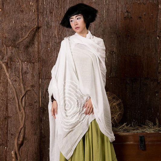 Women Linen Embroidery Thread Long Scarf Shawl