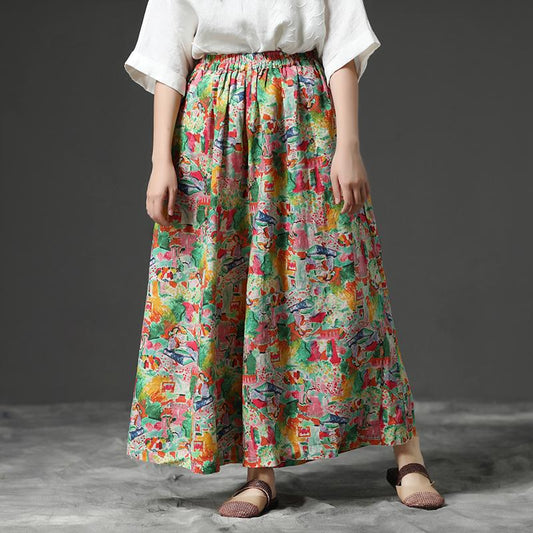 Women Linen Floral Printing Wide Leg Pants