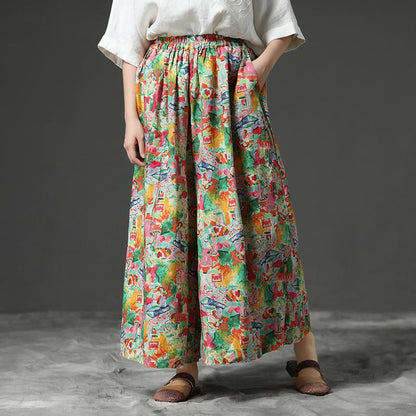 Women Linen Floral Printing Wide Leg Pants