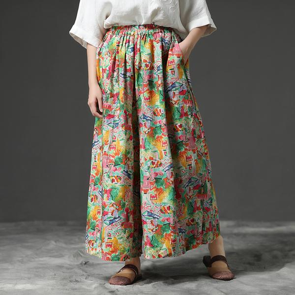Loose Printing Women Summer Green Wide Leg Pants