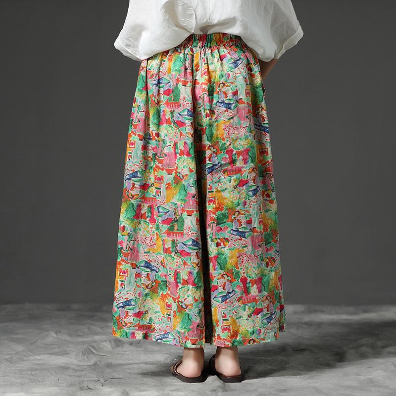 Women Linen Floral Printing Wide Leg Pants