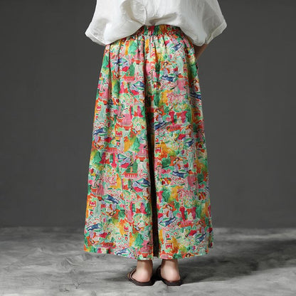 Women Linen Floral Printing Wide Leg Pants