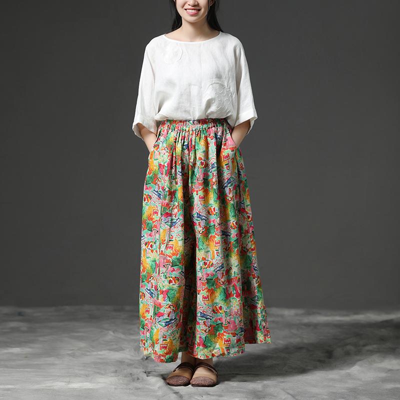 Women Linen Floral Printing Wide Leg Pants