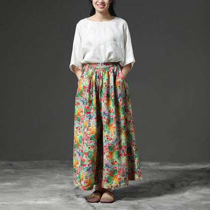 Women Linen Floral Printing Wide Leg Pants