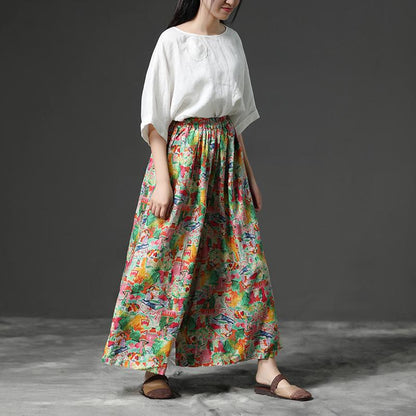 Women Linen Floral Printing Wide Leg Pants