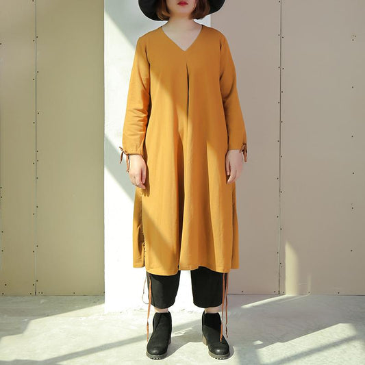 Women Long Sleeve Lacing Slit Loose Solid Dress