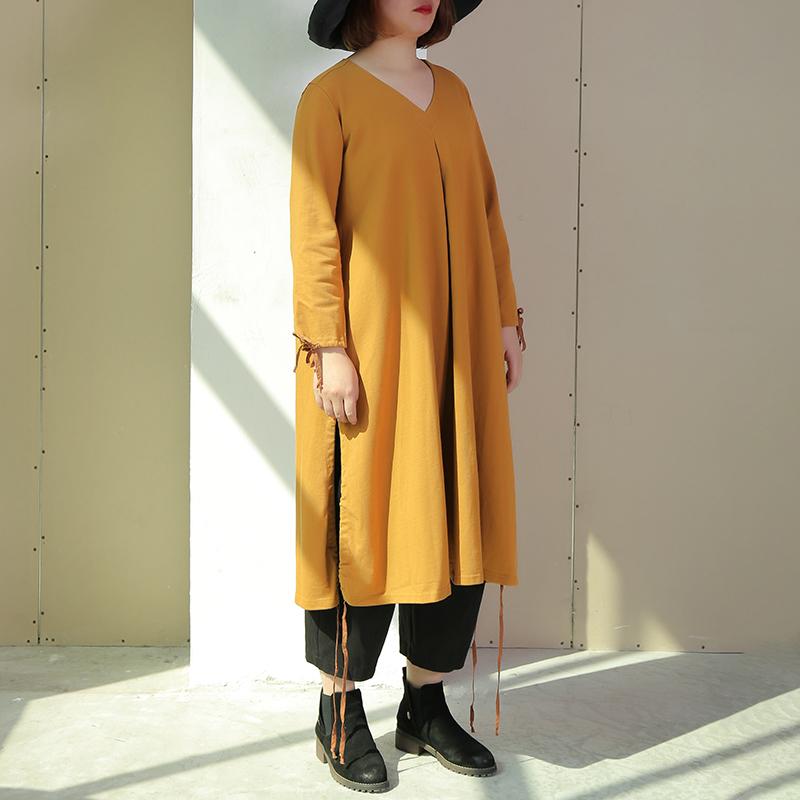 Women Long Sleeve Lacing Slit Loose Solid Dress