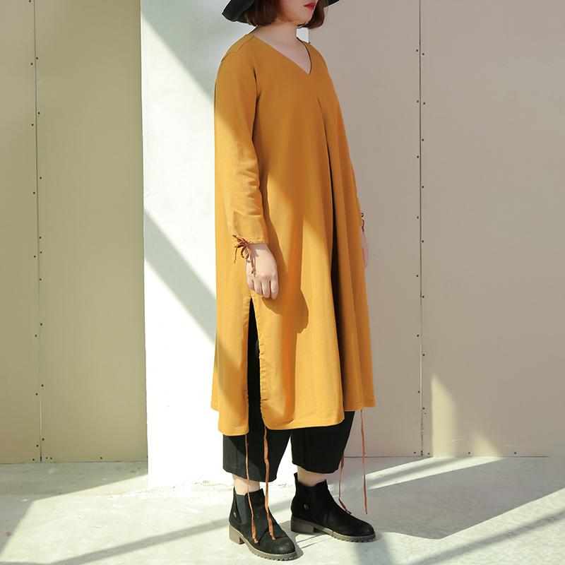 Women Long Sleeve Lacing Slit Loose Solid Dress