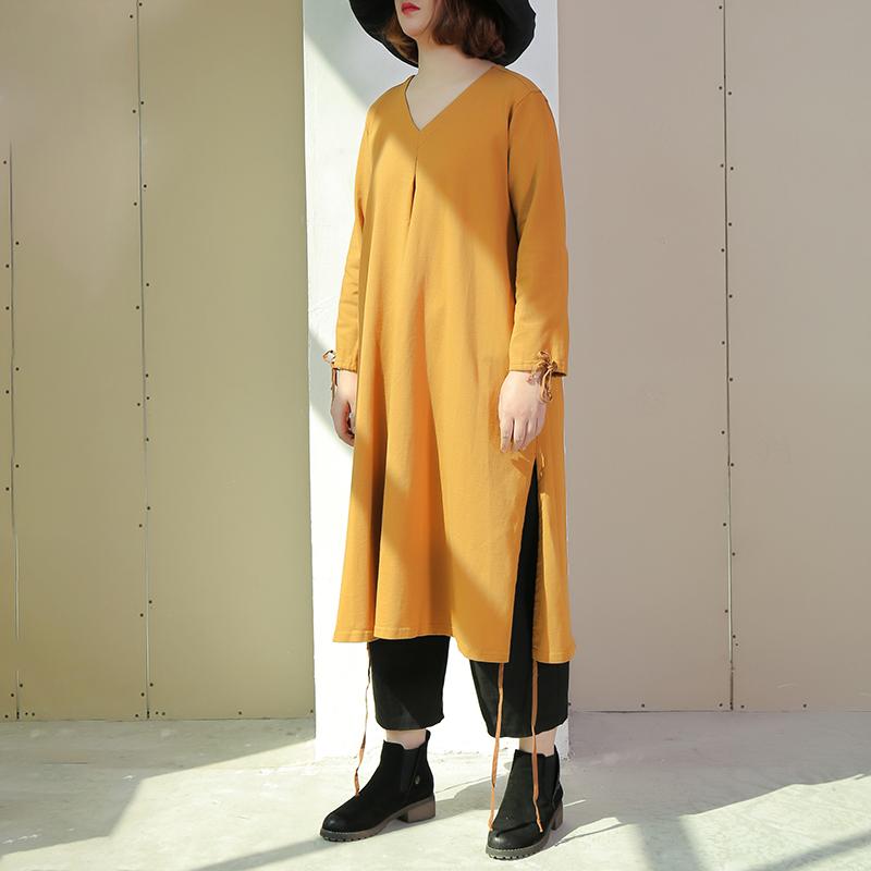 Women Long Sleeve Lacing Slit Loose Solid Dress