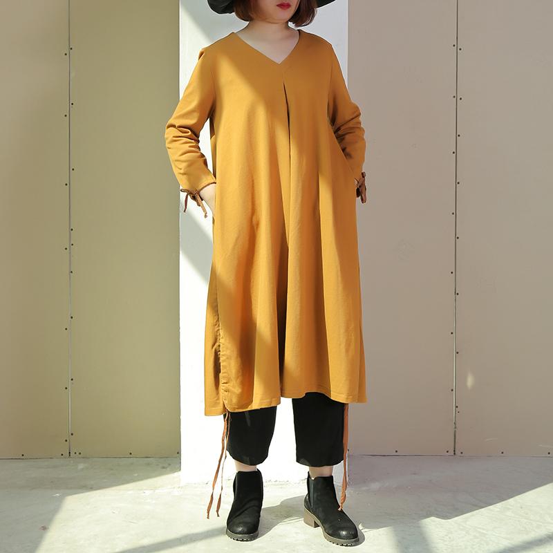 Women Long Sleeve Lacing Slit Loose Solid Dress