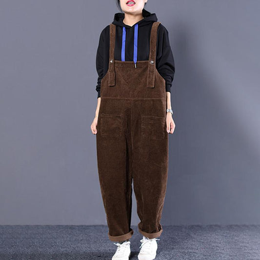 Women Loose Casual Pockets Corduroy Jumpsuit