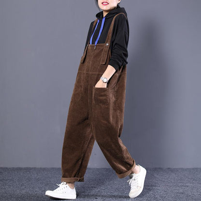 Women Loose Casual Pockets Corduroy Jumpsuit