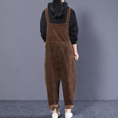 Women Loose Casual Pockets Corduroy Jumpsuit