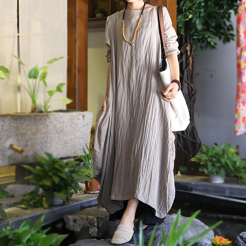 Women Loose Pleated Linen Maxi Dress