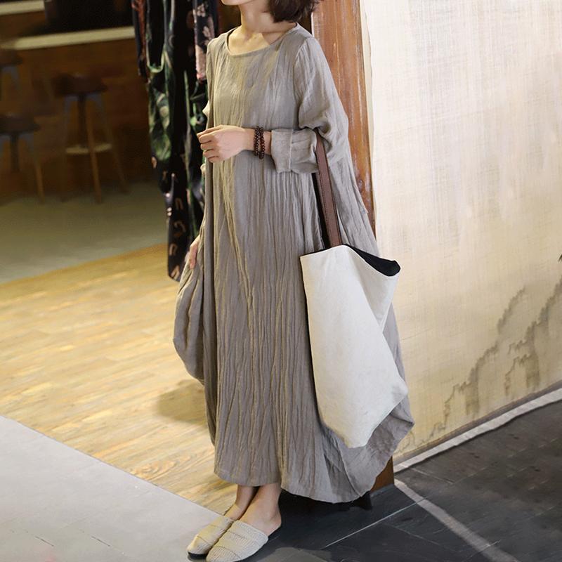 Women Loose Pleated Linen Maxi Dress