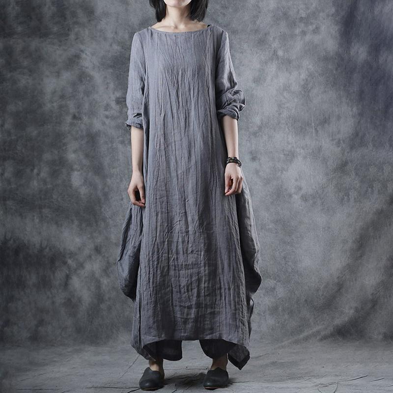 Women Loose Pleated Linen Maxi Dress