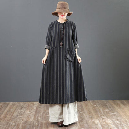 Women Loose Stripe Cotton Long Sleeve Dress
