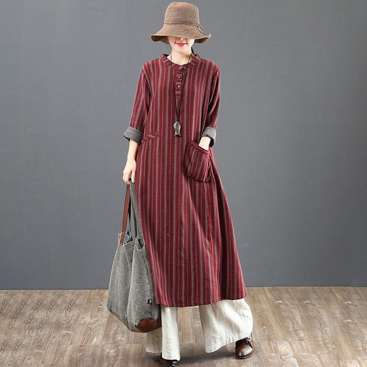 Women Loose Stripe Cotton Long Sleeve Dress