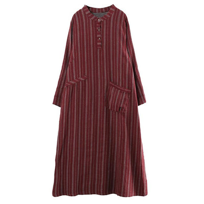 Women Loose Stripe Cotton Long Sleeve Dress