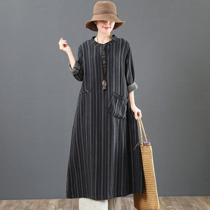 Women Loose Stripe Cotton Long Sleeve Dress