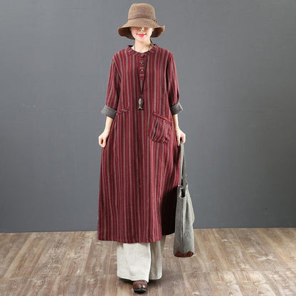 Women Loose Stripe Cotton Long Sleeve Dress