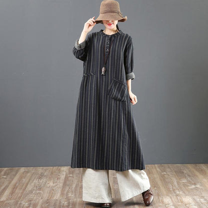 Women Loose Stripe Cotton Long Sleeve Dress