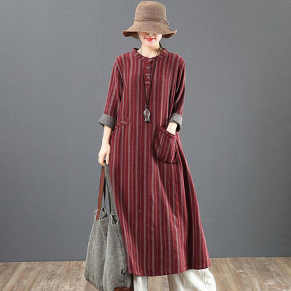 Women Loose Stripe Cotton Long Sleeve Dress