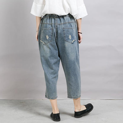 Women Patchwork Embroidered Plant Frayed Jeans