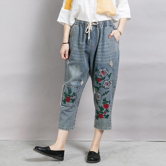 Women Patchwork Embroidered Plant Frayed Jeans