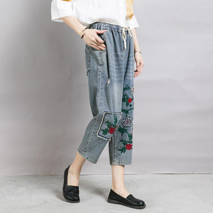 Women Patchwork Embroidered Plant Frayed Jeans