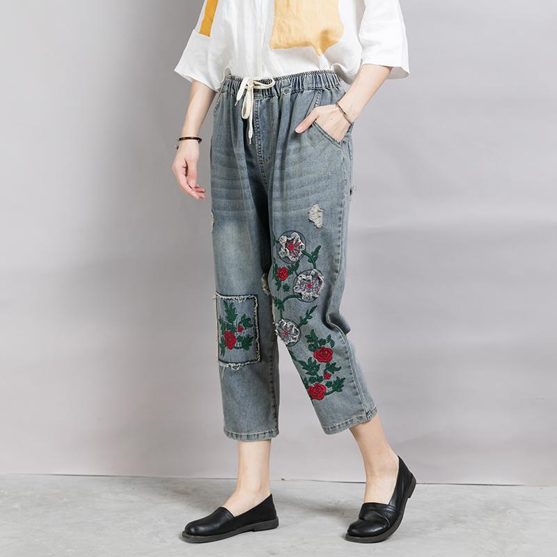 Women Patchwork Embroidered Plant Frayed Jeans