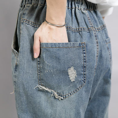 Women Patchwork Embroidered Plant Frayed Jeans