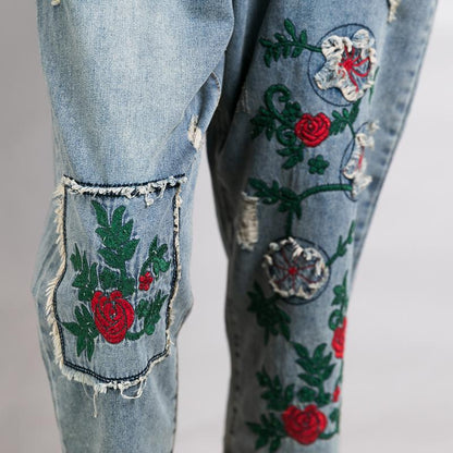 Women Patchwork Embroidered Plant Frayed Jeans