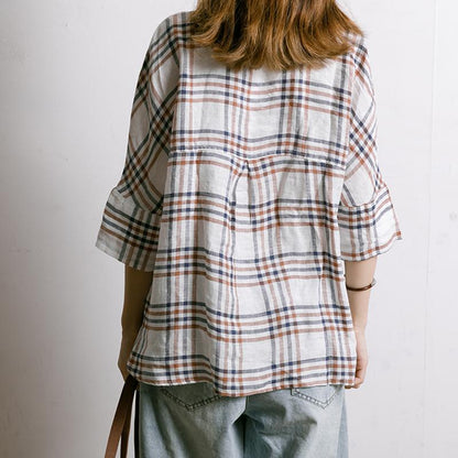 Women Plaid Irregular Hem Linen Shirt
