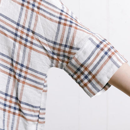 Women Plaid Irregular Hem Linen Shirt