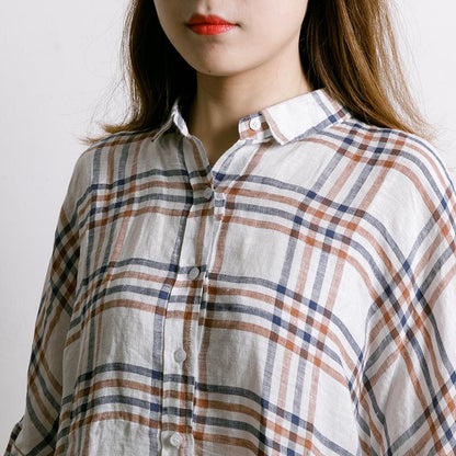 Women Plaid Irregular Hem Linen Shirt