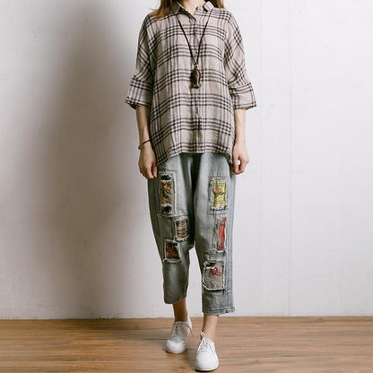 Women Plaid Irregular Hem Linen Shirt
