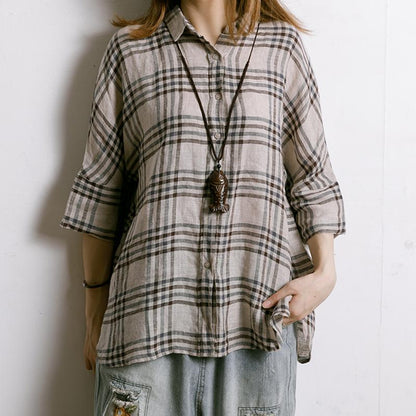 Women Plaid Irregular Hem Linen Shirt