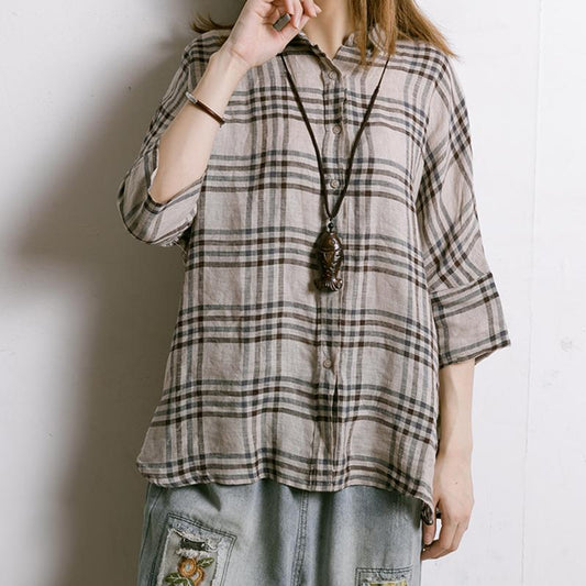 Women Plaid Irregular Hem Linen Shirt