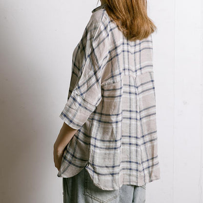 Women Plaid Irregular Hem Linen Shirt